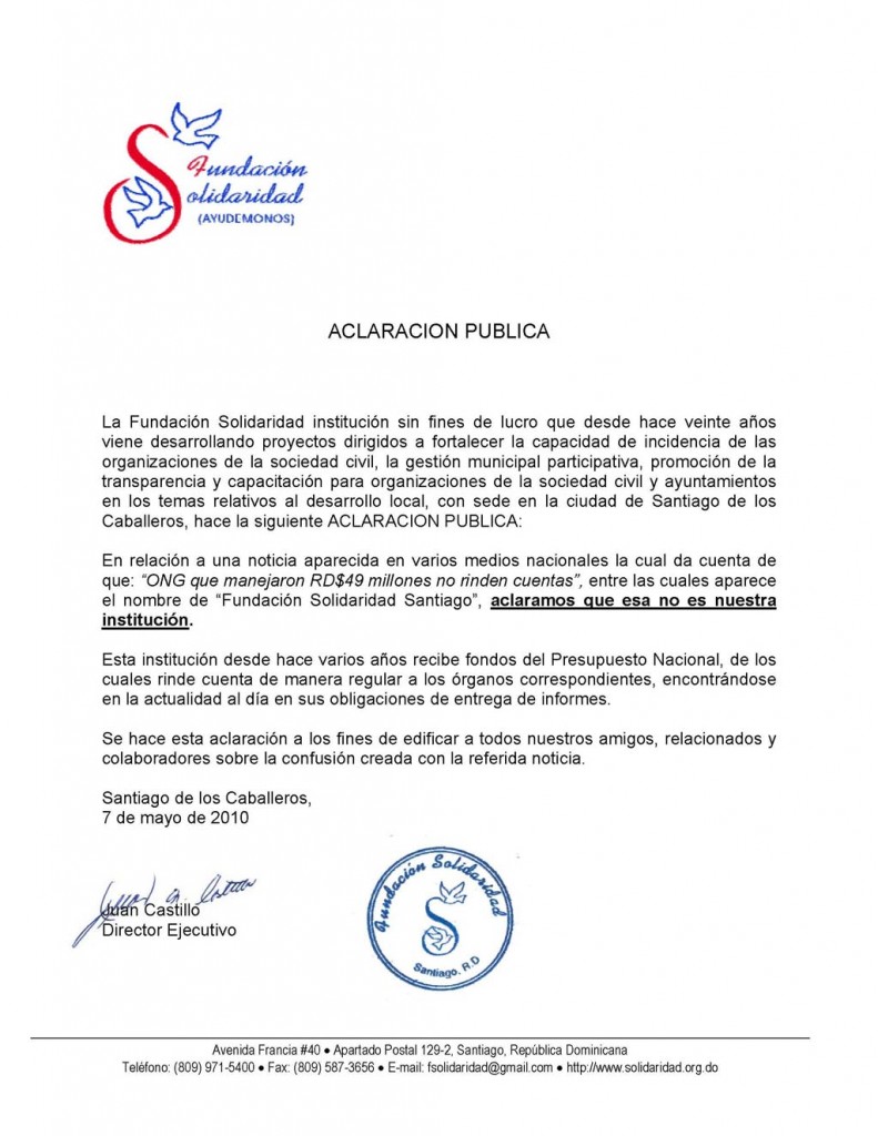Aclaración pública sobre de entrega de informes a la Cámara de Cuentas