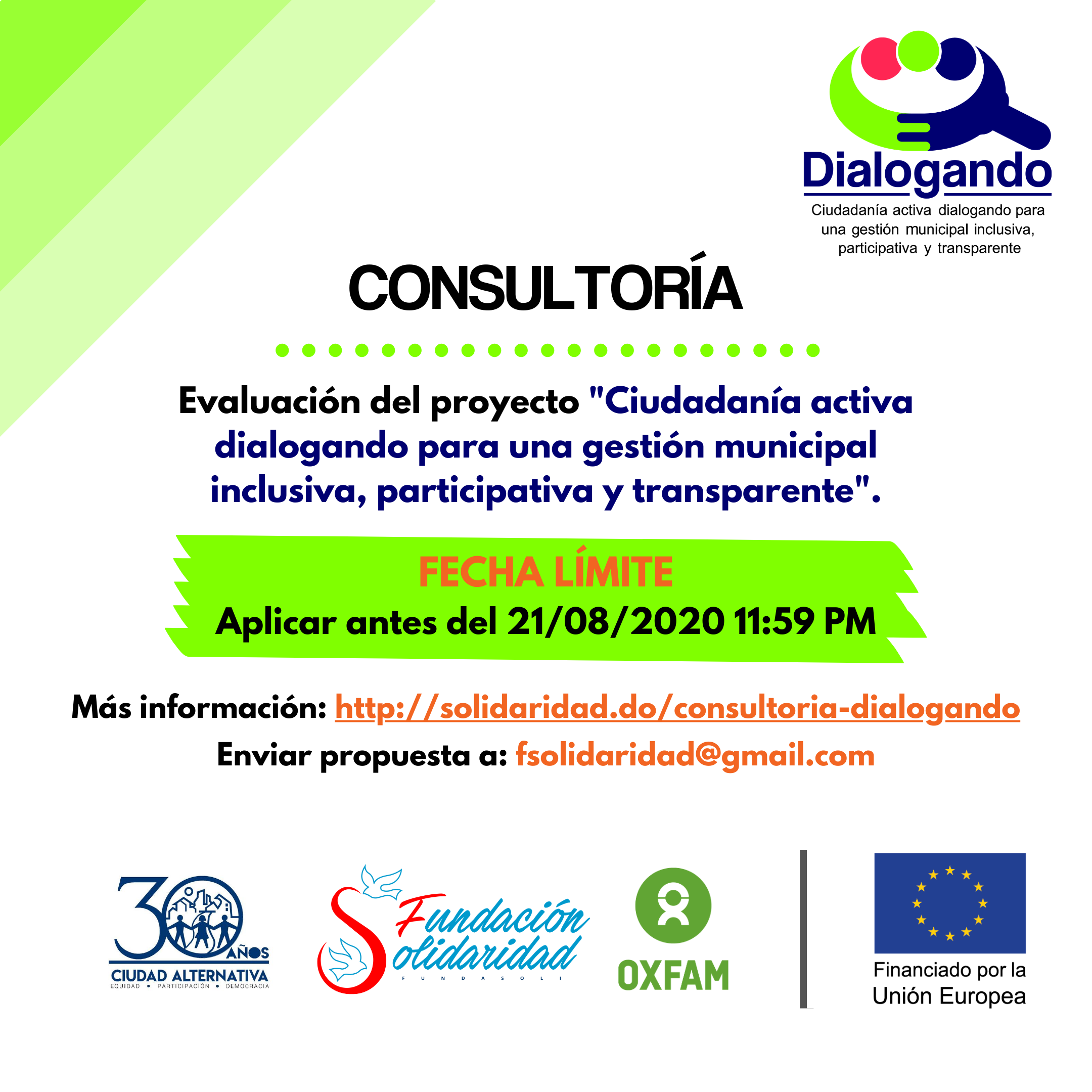 Consultoría para evaluación del proyecto “Ciudadanía activa dialogando para una gestión municipal inclusiva, participativa y transparente”